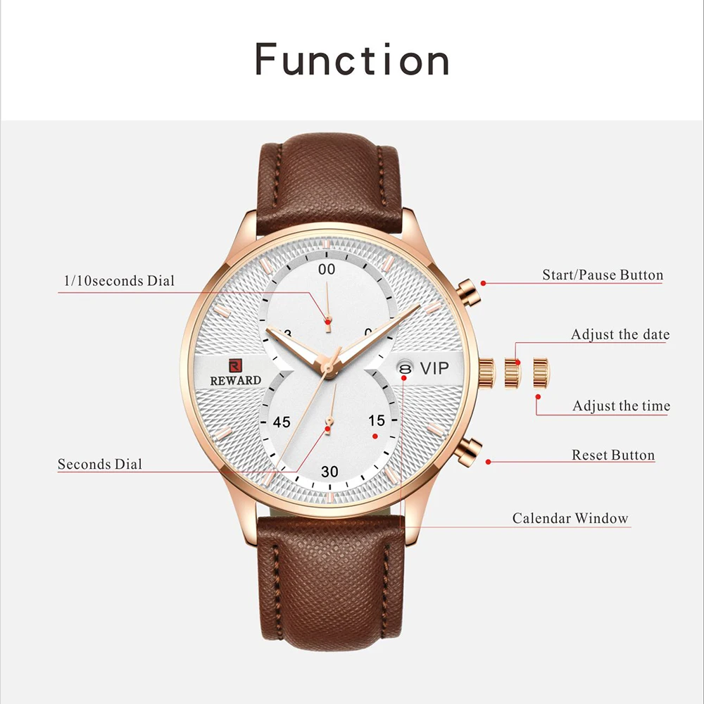 REWARD Brand Business Luxury Leather Quartz Men's Watch Fashion Design Sport Men Watches Waterproof Wristwatch Relogio Masculino