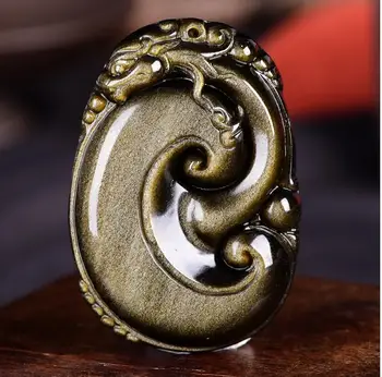 

LETSFUN Fine Jewelry Unique Beautiful Natural Gold Obsidian Hand-carved China Dragon Ruyi Pendant Free Shipping