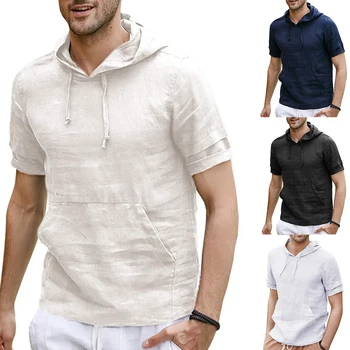 

ZNG 2020 Men Linen T shirt Short Sleeve Breathable Summer Tee Tops Men Hooded T shirt Fashion Casual Streetwear