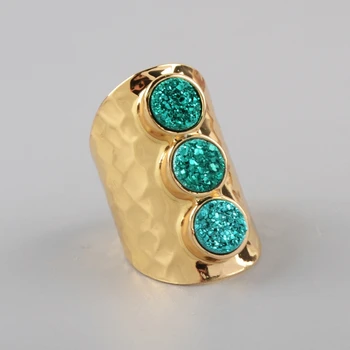 

BOROSA Dropship Natural Titanium AB White Druzy Band Ring Equidistant Three Round Dark Rainbow Gems Wedding Ring