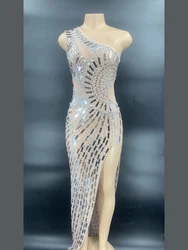 Slash Neck High Split MirrorSequin Perspective Party Dress Women See Through Dress Birthday Evening Long Dress Singer Stage Wear