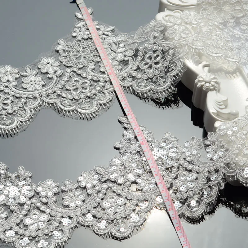 White/Ivory Cording Fabric Sequins Flower Venise Venice Mesh Lace Trim Applique Sewing Craft 1Yard 13cm For Wedding Dec. lace fabric lace garment accessories lace sewing supplies lace accessories lace sewing accessories lace decoration