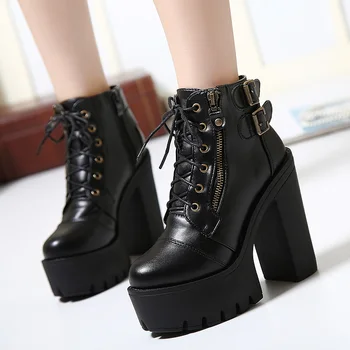 melhor Perixir Laço Até Botas De Plataforma Feminino Botas De Tornozelo Preto Gótico Para Mulher Fivela Cinta Zip Chunky Salto Alto Martin Botas Femininas