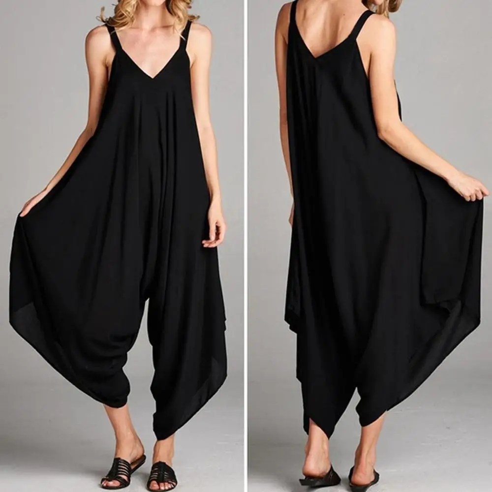

2019 Summer Women Sexy V Neck Jumpsuits Loose Wide Leg Pants Casual Solid Beach Rompers Party Long Overalls romper women A4