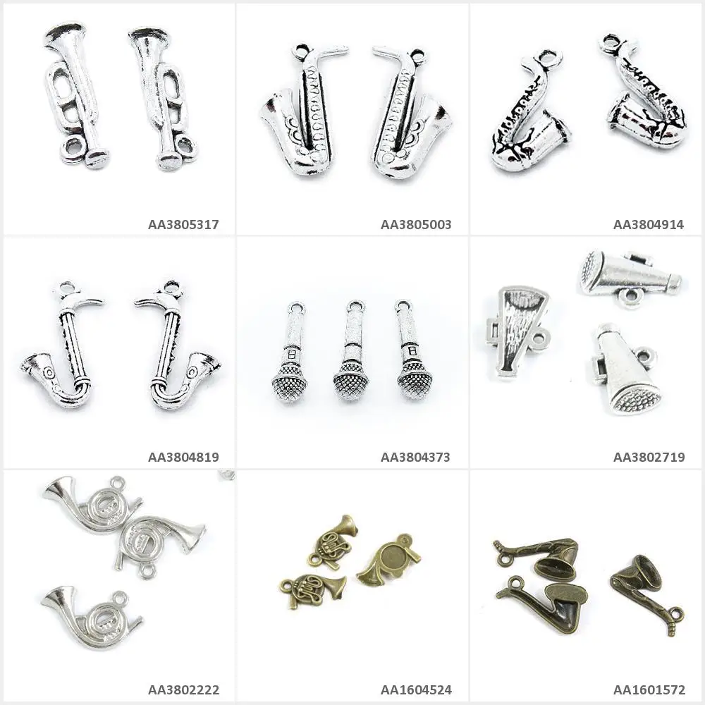 

Antique Bronze Silver Plated Jewelry Making Charms Saxophone French Horn Loudspeaker Trumpet Speaker Mike Microphone Crafting