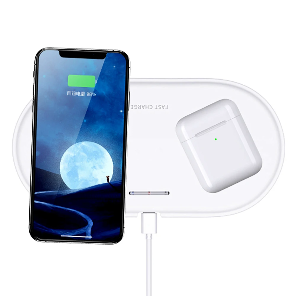 «I Беспроводной зарядное устройство Док станции для Apple Airpods 2 IPhone 8 8Plus XR XS Макс 11 Pro Макс Samsung S7 edge S8 S9 ПРИМЕЧАНИЕ9 Blackview BV9500 Pro Doogee Pixel 3 XL Двойной беспроводной заряд Pad
