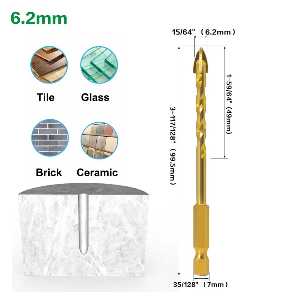 5 шт. 7 мм шестигранный хвостовик Спиральные стеклянные биты титановые керамические сверла набор 4 6 8 10 12 мм Плитка Бетон крест наконечник отверстие бит плитка