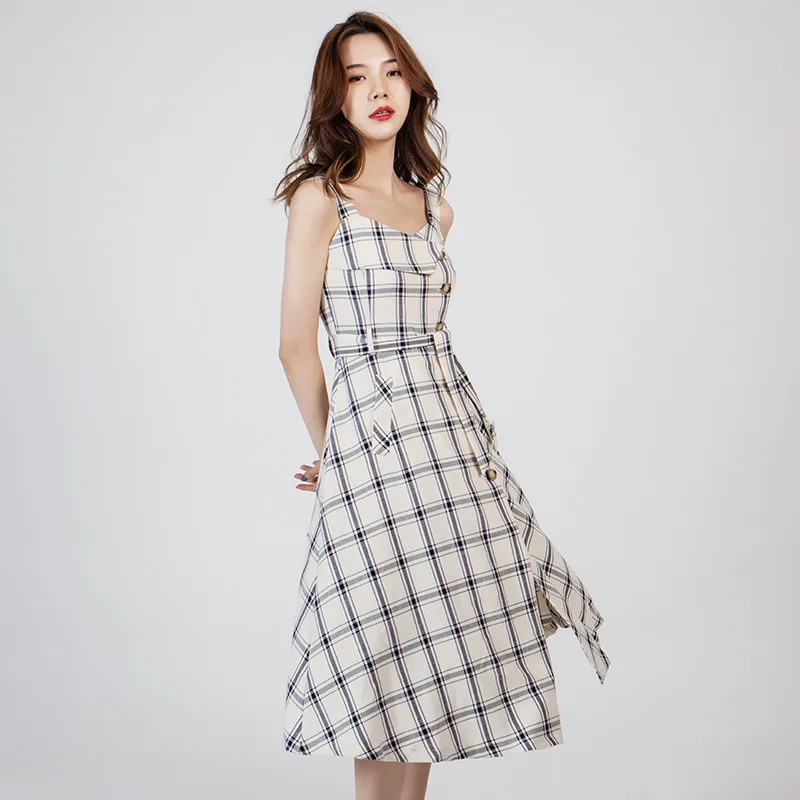 

[Xi yue] Designer Origional WOMEN'S Dress 2019 Summer Scotland Irregular Plaid Stitching Vest Dress