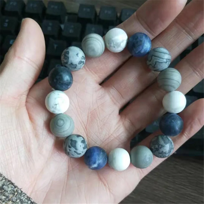 Высококачественные матовые браслеты из голубого камня с синими венами, серия синих планет во вселенной, браслет из натурального амазонита