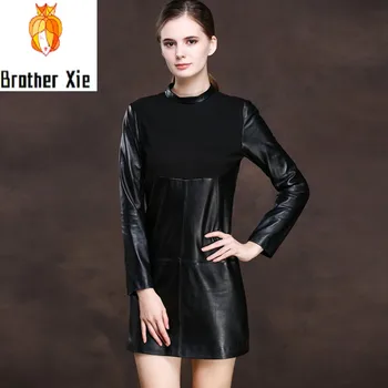 

Office Lady Spliced Sheepskin Real Leather Dresses Women New Designer High Neck Genuine Leather A-Line Mini Dress Plus Size 3XL