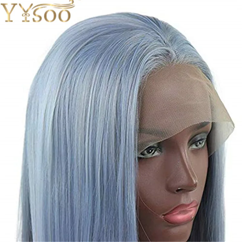 YYsoo, серый светильник, синий синтетический парик на кружеве для женщин, Длинные шелковистые прямые парики из натуральных волос