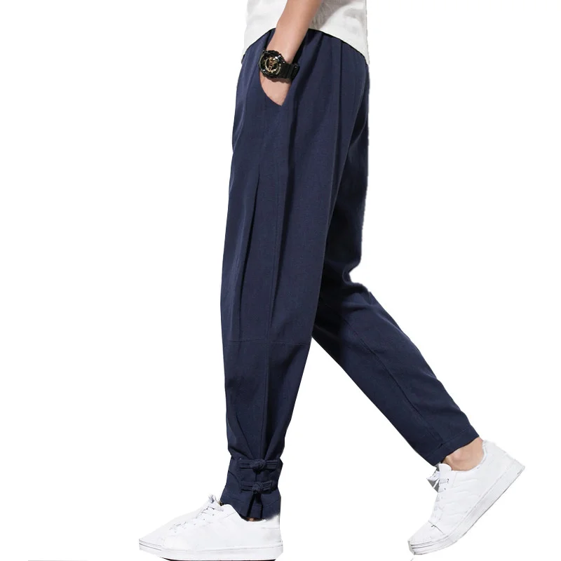 2019 Autumn Harem Pants Men Linen Pants Drawstring Flax Hemp Vintage Long Pants Casual Joggers,Light Grey,M