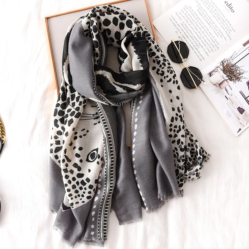 Хлопковый зимний шарф для леди с леопардовым животным принтом, Женские платки из пашмины, шали, шарфы для хиджаба на шее, новинка - Цвет: 1