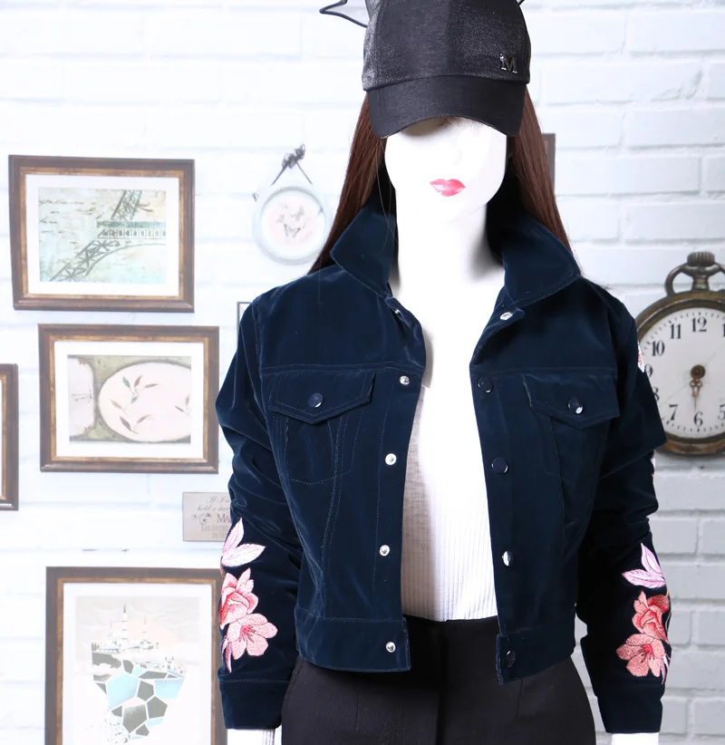 

Aluonlineshop Garden Sleeve zao xing kuan Embroidered Short Jacket Women's Autumn Deep Sea Blue Textured Velvet Tops