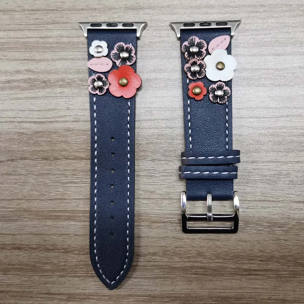 Blue Дизайн, цветочный кожаный ремешок для Apple Watch, ремешок серии 5, 4, 3, 2, 1, браслет для iWatch 40 мм, 44 мм, 38 мм, 42 мм, Женский наручный ремень - Цвет ремешка: Blue