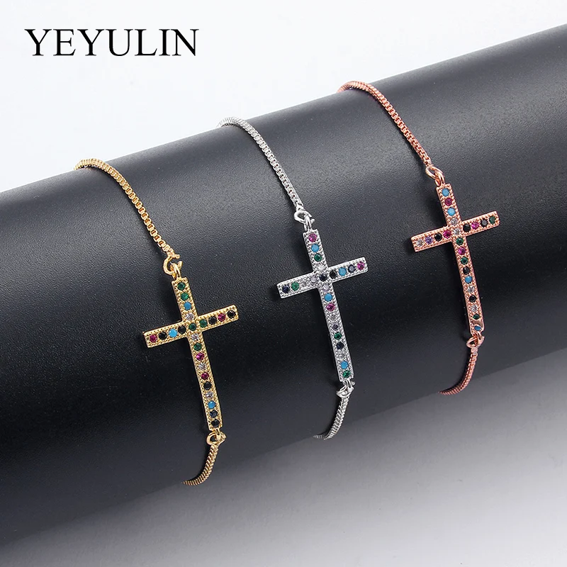 

Cubic Zirconia Religious Cross Charm Bracelet Femme Copper Initial Chain Bracelets For Women Wedding Jewelry Adjustable