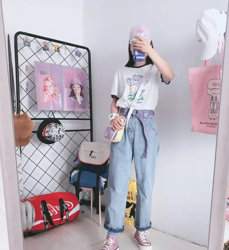 Harajuku Kawaii Для женщин джинсы с героями мультфильмов свободная Высокая Талия джинсовые брюки женские милый медведь лампа-патч Синий, прямой брюки для девочек