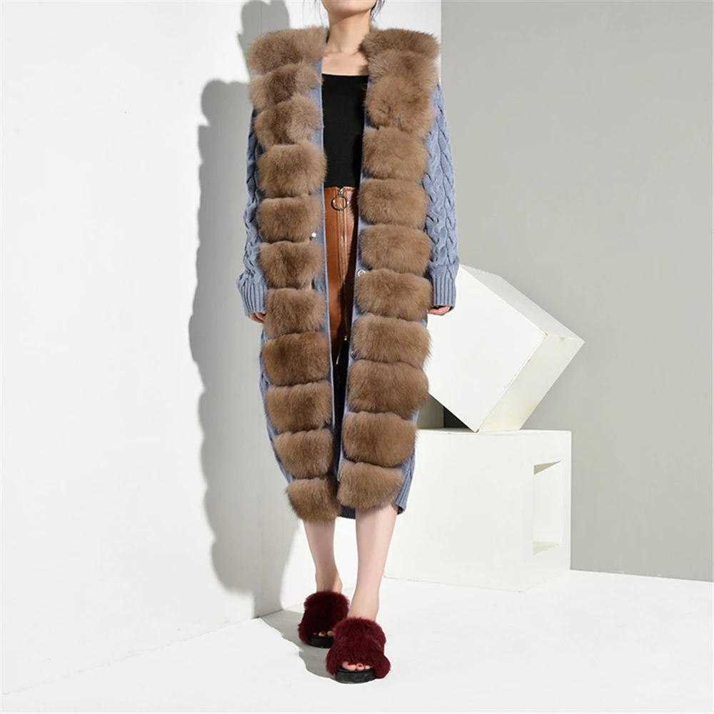 

TOPFUR 2019 Fashion Bule Knitted Coat With Belt Natural Fox Fur Knitted Coat With Fox Fur Collar Real Fur Coat Women Brown Fur