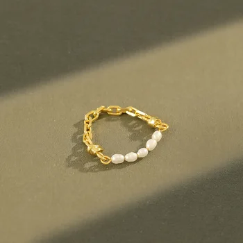

1PC SMALL Authentic 925 sterling silver White/ Gold Natural Pearls Baroque Pearl Chain Ring adjust Finger's Jewelry TLJ1223