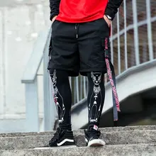 Мужские шорты с лентами в стиле хип-хоп, однотонные свободные прямые шорты с эластичной резинкой на талии и длиной до колен, мужские шорты-шаровары