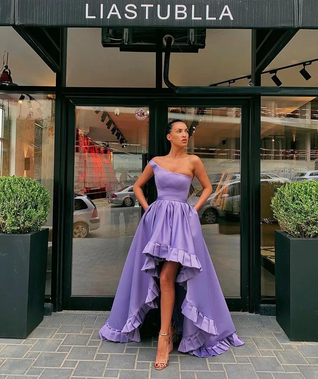 

Purple One Shoulder High Low Prom Dresses 2019 Ruffles Satin Party Maxys Long Prom Gown Robe De Soiree