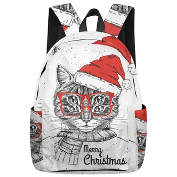 

Mr. Cat With A Santa Hat Backpack Interior Key Chain Holder Luxury Backpack Arcuate Shoulder Strap