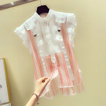 

Ruffled Sleeveless Striped Lace Chiffon Shirt Blouse for Women Female Summer Loose Stand Collar Shirt Blusas Mujer De Moda 2020