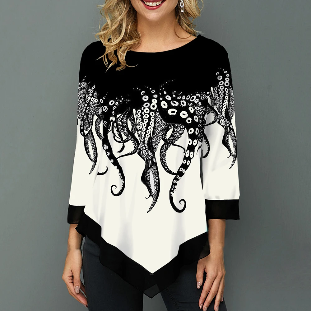 

Autumn Women's Fashion Round Neck Shirt Long-sleeved Shirt 2019 New Arrival Women Print Irregular Hem Tunic Casual Crop Tops