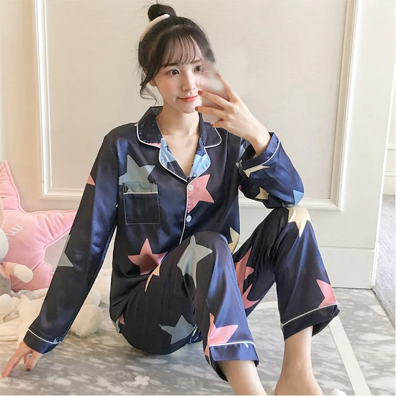 

Autumn Winter Silk Stain Women Pyjamas Long-sleeves+Pant Suit Female 2pcs Pajama Set Nightwear Sleepwear Flower Print Nightie
