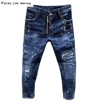 

Hole Men's New Jeans Print Feet Nine Pants Skinny Jeans Men Streetwear Ripped Jeans for Men Hip Hop Blue Men Clothes 2020 Denim