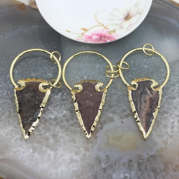 

5pcs/lot,Natural Indian Agates Arrow Slice Pendants Jewelry Necklace,Crystals Plateds gold Circle Charms Key Accessory wholesale