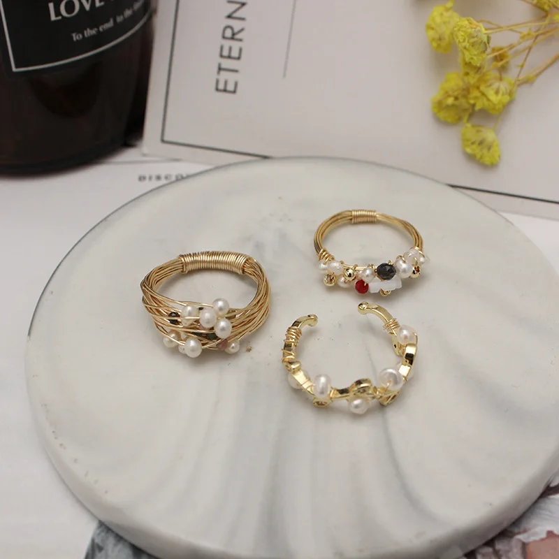 MPR001 женское позолоченное проволочное жемчужное кольцо ручной работы эффектное