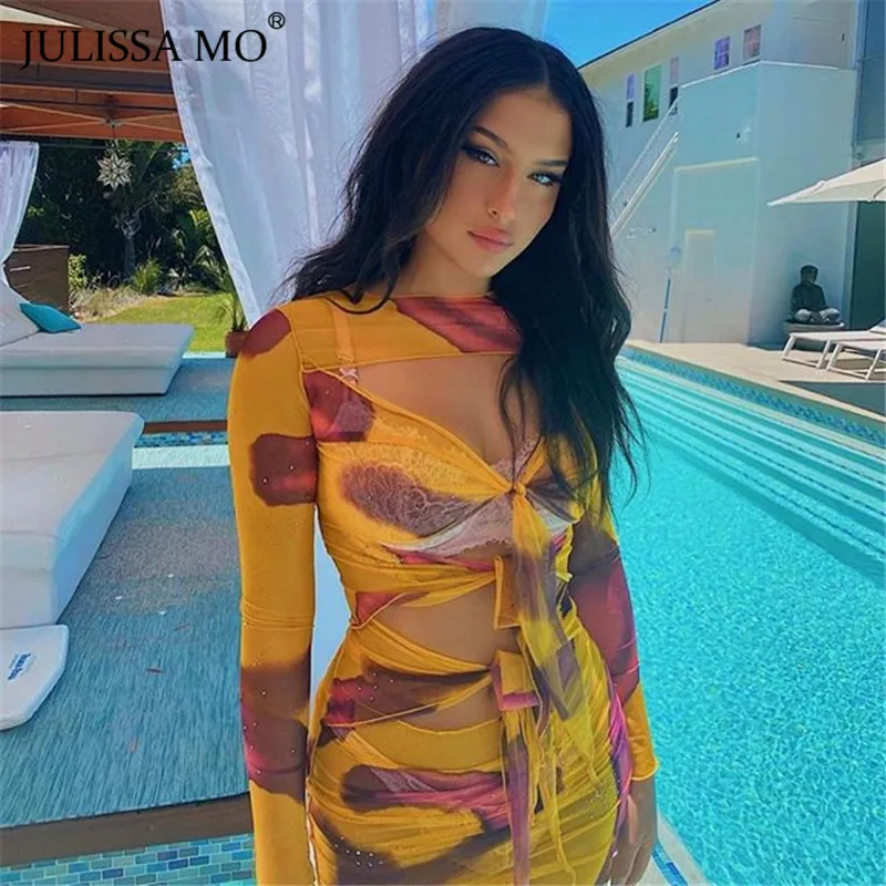 Женское Сетчатое облегающее платье Julissa Mo мини с принтом в виде галстука