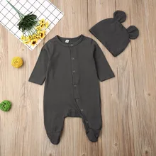 Pudcoco/Одежда для новорожденных мальчиков и девочек однотонный однобортный хлопковый комбинезон шапка с длинными рукавами комплект одежды из 2 предметов