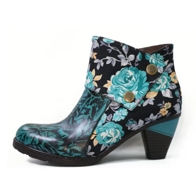 

Retro Women Boots Sun Flower Genuine Leather Splicing Zipper Comfy 6-8CM Thick High Heel Shoes Women printing shoes for women