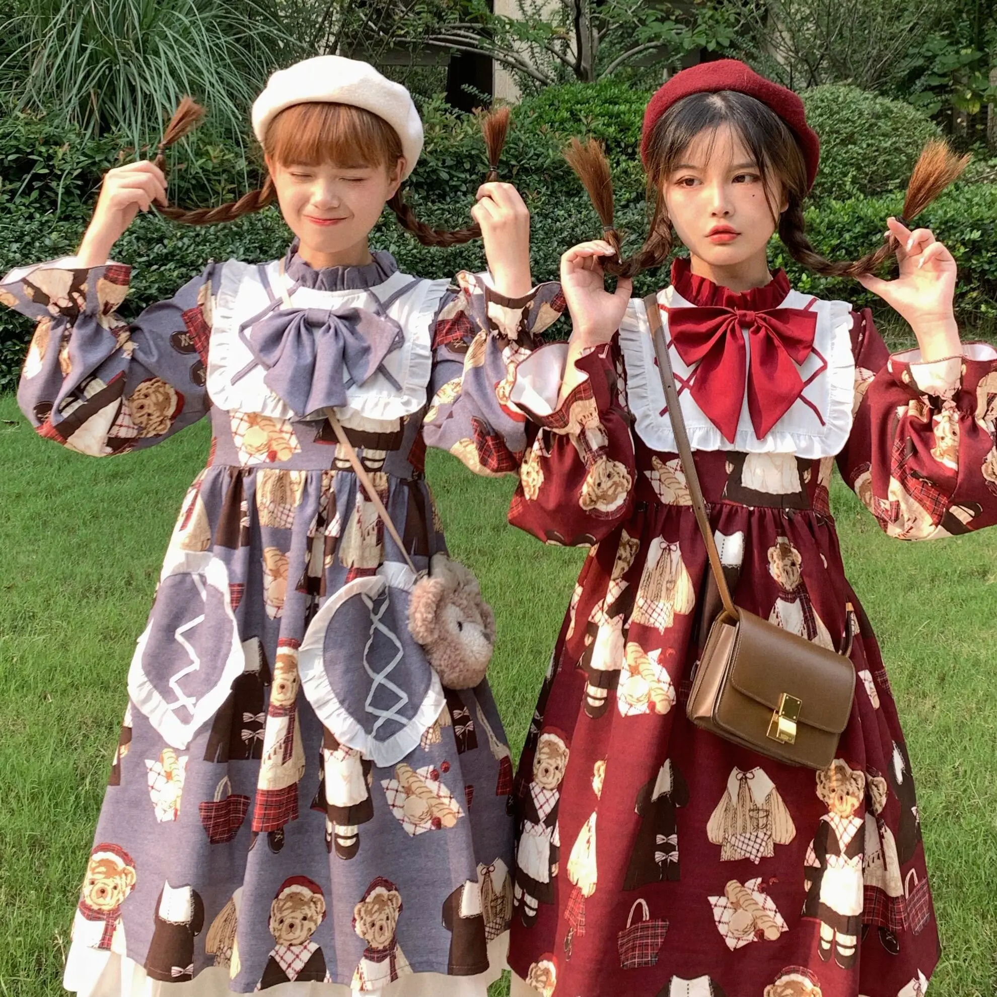

Lolita Bear pattern print dress OP Long Sleeve Dress Bowknot Ruffle Teen Girls Student Loose Kawaii Princess Dress Preppy Style