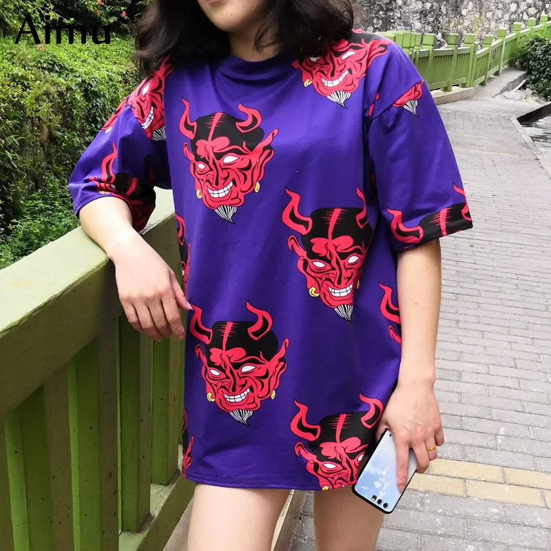 Летняя женская футболка с мультяшным принтом Повседневная бойфренда Harajuku