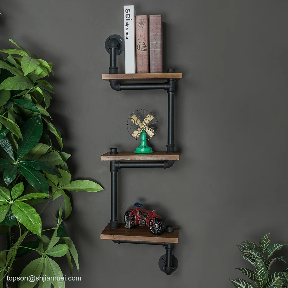 KINMADE Industrial Iron 3 Tier Wall Mounted Pipe Shelves Retro Solid