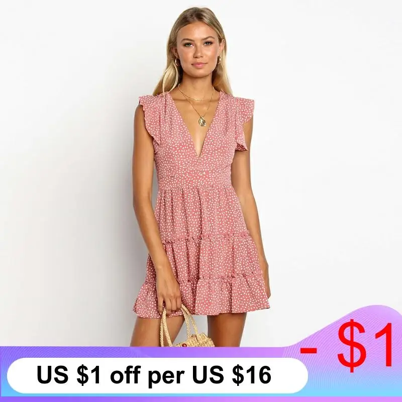 

2020 Summer Mini Holiday Beach Dress Women Bohemian Print Dress Casual V-Neck Elegant Ruffles Short Sleeve A-Line Dress Vestidos