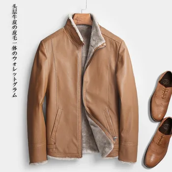

Winter Cowhide Leather Jacket Warm Genuine Cow Leather Jackets Real Wool Liner Coat Chaqueta Cuero Hombre 5061 KJ1278