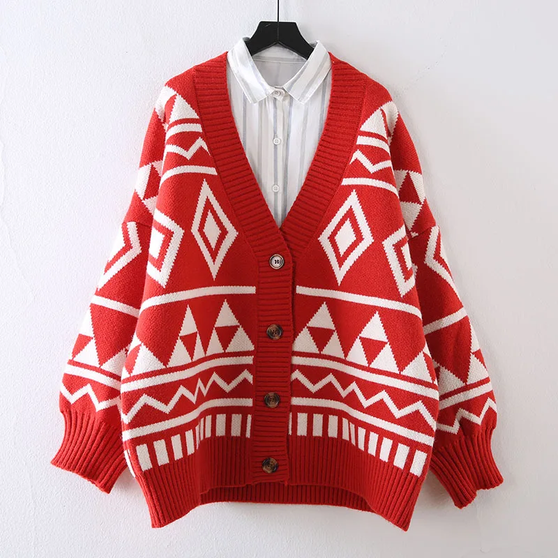 

Laziness-Style Geometry Contrast Color Big Sweater Cardigan Women's 2020 Spring Clothing New Style Korean-style Loose-Fit Mid-le