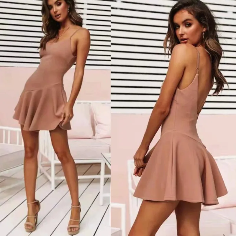 

Western Style 2019 Spring New Style Slimming Versatile Camisole Exposed Back Solid Color Flounced Dress Short Skirt Women's