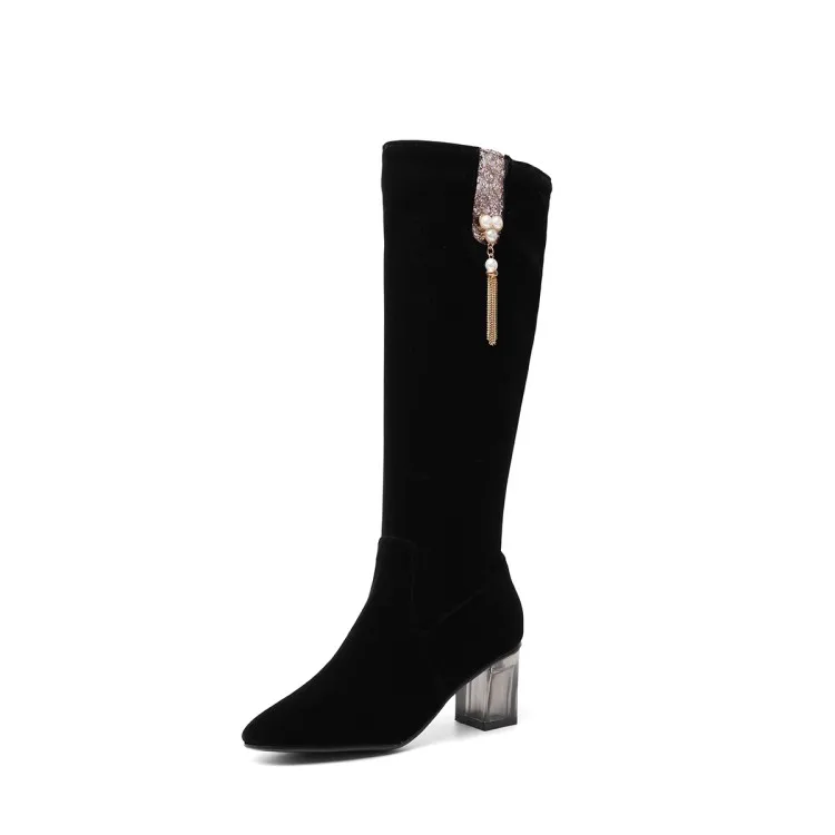 Большие размеры 34-48, сапоги до колена женская обувь с цепочкой и кристаллами женские модные зимние сапоги на высоком каблуке для вечеринок женская обувь черного цвета MAZIAO - Цвет: Черный