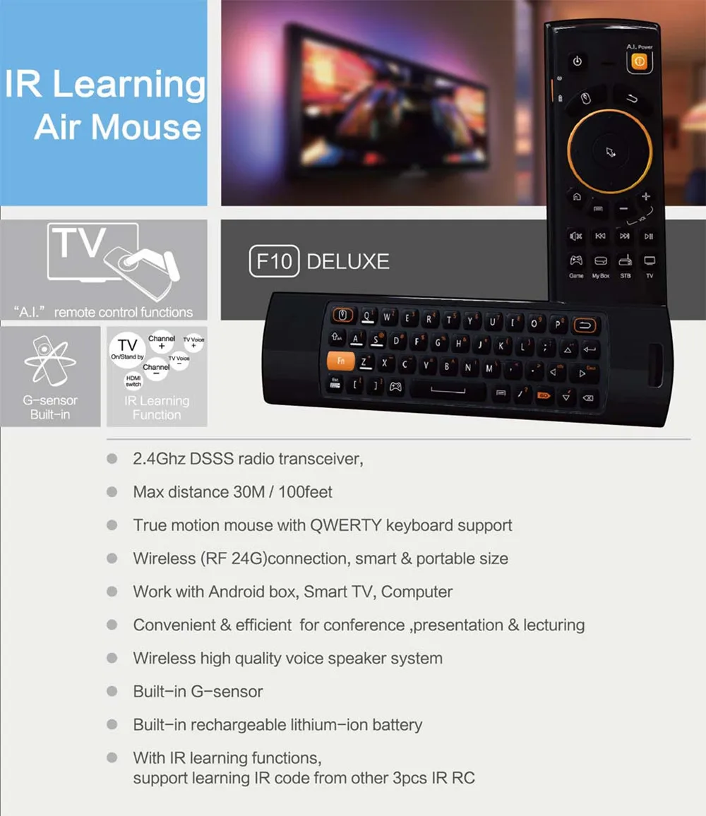 Mele F10 Deluxe 2,4 ГГц Беспроводные клавиатуры Fly Air mouse пульт дистанционного управления с ИК-функцией обучения для Смарт Android Мини ПК ТВ