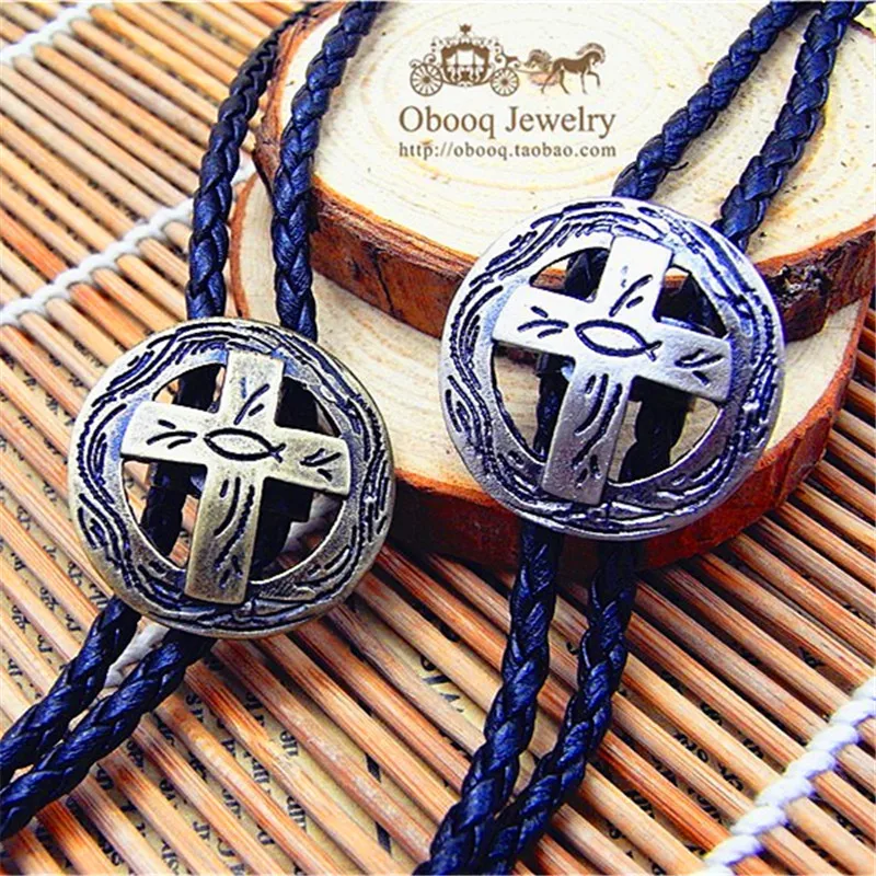 

Bolo tie Retro shirt chain Poirot tie rope leather circle cross necklace Long tie hang