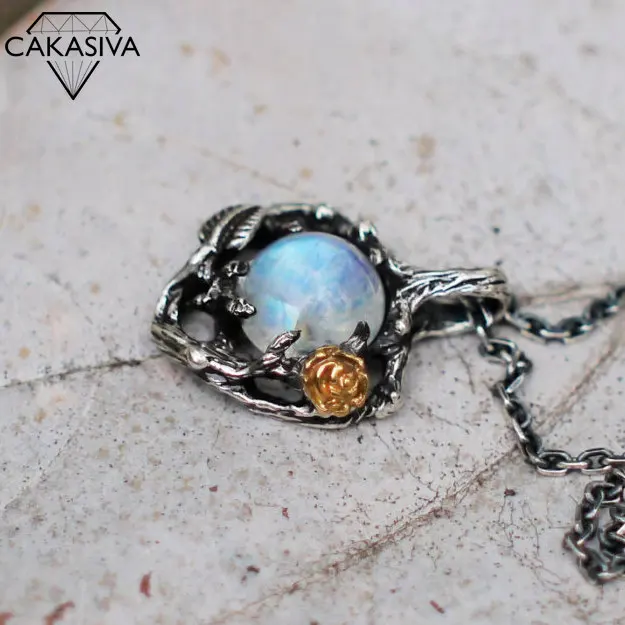 

Creative colorful moonlight stone Rose Pendant antique tree leaf branch Necklace