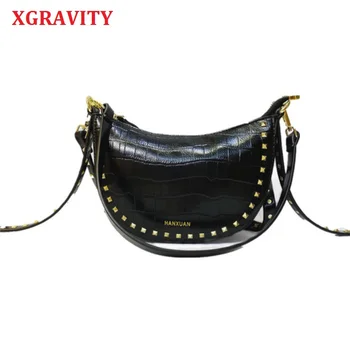 

XGRAVITY Hot All Matched Mini Half Moon Bags Rivets Women Small Handbag One Shoulder Belt Bags Elegant Lady Small Sext Bags H023