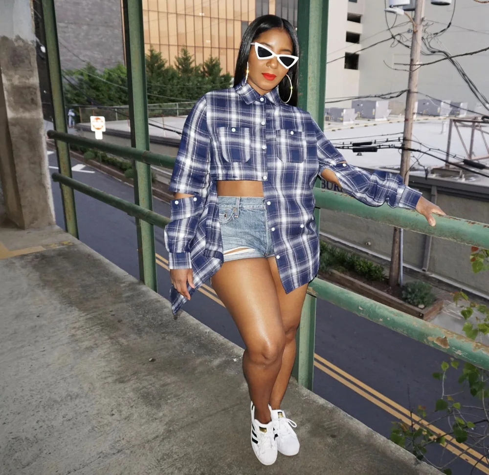 Patchwork Plaid Blouse Sexy Women Turn 