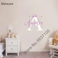  Makeyes Custom Name Wall Sticker Crown Initial Personalized Girls Names Wall Decals Baby Kids Bedroom Home Decoration Vinyl Q023 