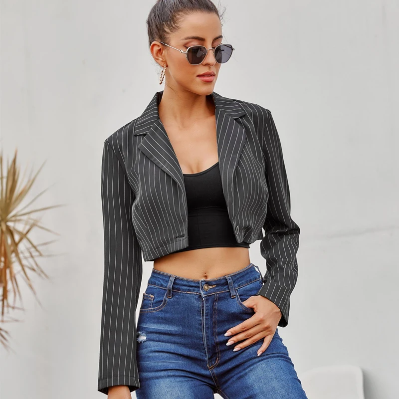 

2020 Autumn Notched Striped Blazer Cropped Vintage Women Single Button Long Sleeve Short Suit Coat Black New Blazer Feminino